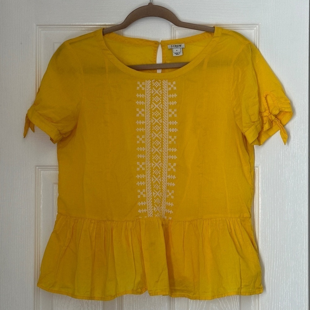 J.Crew Yellow Embroidered Peplum Top | Size 6 | Short Sleeve Boho Blouse - Picture 2 of 5